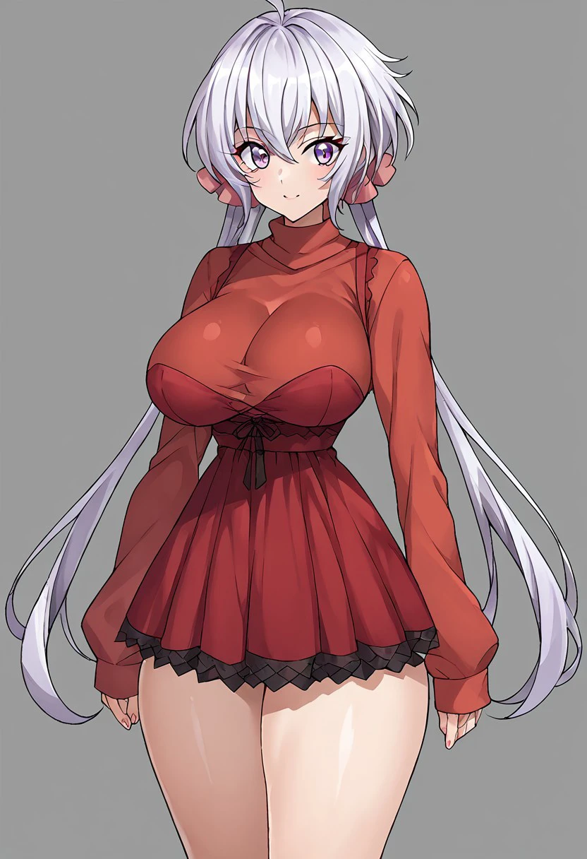 , score_9, score_8_up, score_7_up, score_6_up, score_5_up, score_4_up, masterpiece, big breasts, big thighs, thin waist, Bottomless, Transparent background, Chris_Yukine, Long hair, white hair, twintails, purple eyes, long breasts, Red dress, thighhigh, sleeves,