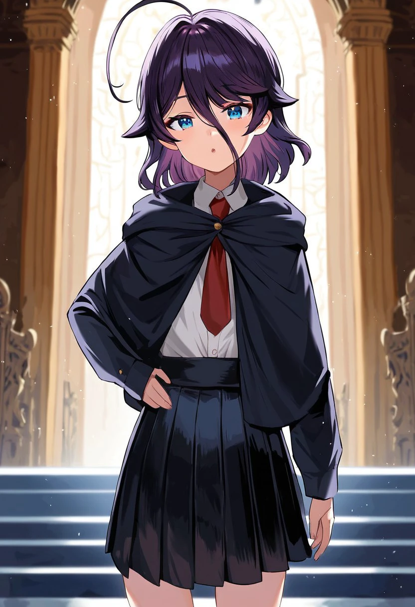 Solo, 1girl, female, young, ahoge, short hair, purple hair, bangs, hair between eyes, blue eyes, small breast, cute face, detailed eyes, slender body, perfect anatomy, detailed skin, detailed eyes, detailed lips, perfect hands, perfect face, serious expression, BREAK collared white shirt, long sleeves, black suspender skirt, pleated skirt, suspenders, red necktie, white socks, black cloak, BREAK standing, castle, colorful, looking at viewer, portrait, BREAK ((ultra-detailed)), ((best quality)), ((best quality)), ((beautiful eyes)), ((extremely detailed)), 4K, (8K), best quality, (beautiful), Master piece, highres, score_9, score_8_up, score_7_up, score_6_up, score_5_up, score_4_up, colorful, best quality, official art, highres, masterpiece, nai3, god light, detailed background, high quality background,