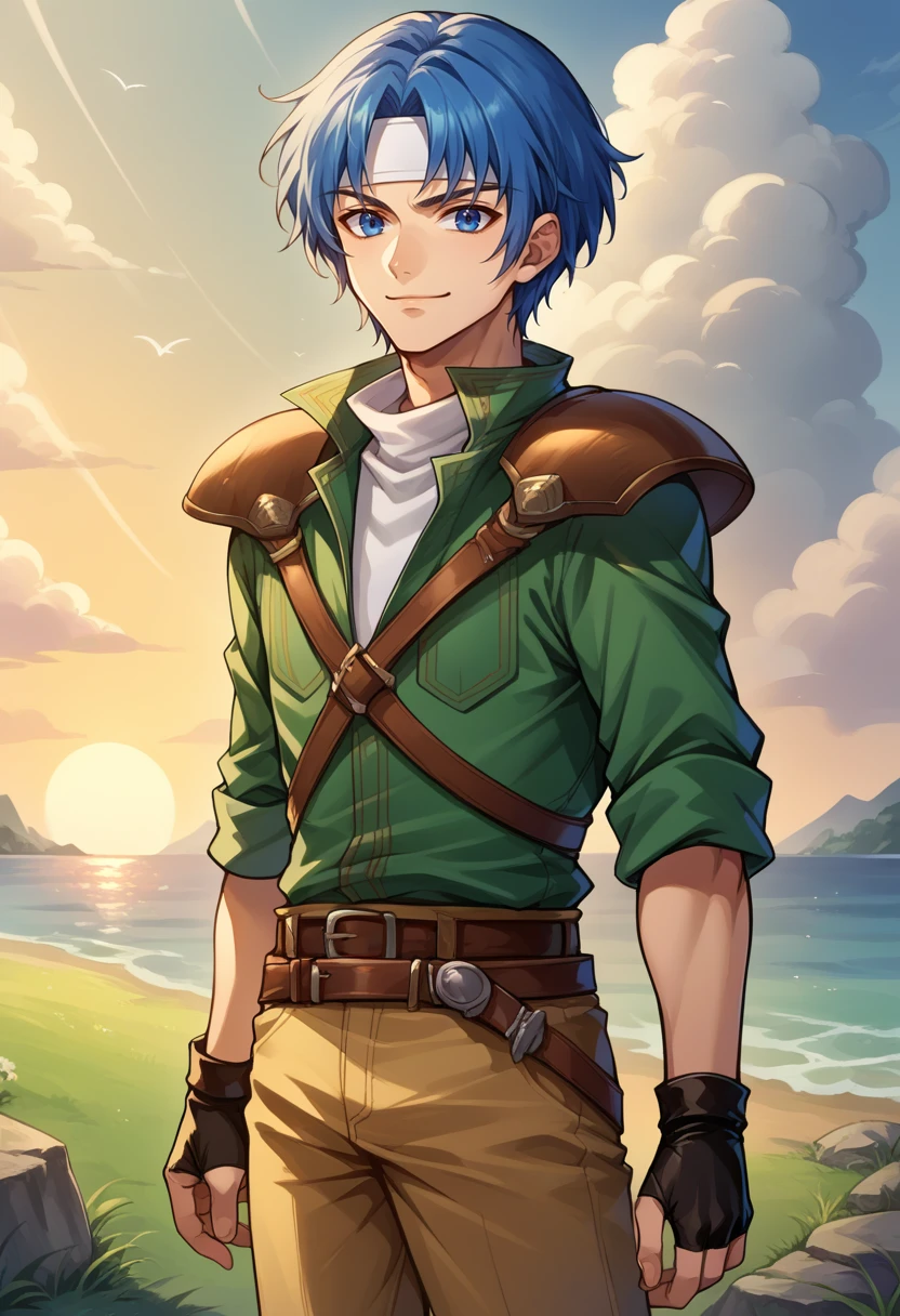 score_9, score_8_up, score_7_up, source_anime, BREAK, solo, 1boy, smirk, looking at viewer, <lora:Ronan-pdxl_Fp:1>,  ronanfe5, blue hair, blue eyes, short hair, headband, green collared shirt, turtleneck, armor, shoulder armor, fingerless gloves, brown pants, belt, quiver, village, ocean, grass, sunset,