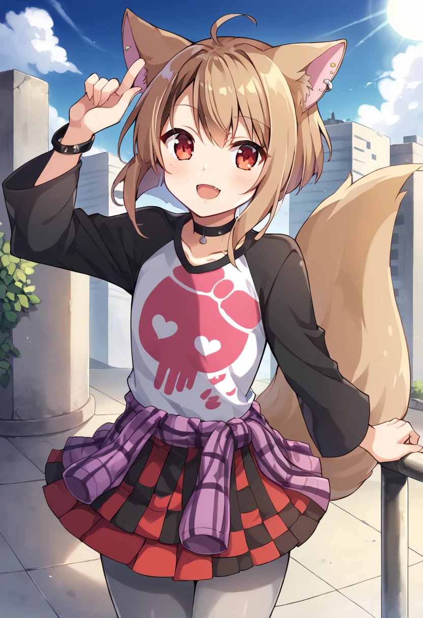 score_9,score_8_up,score_7_up,source_anime,masterpiece,best quality,game cg,1girl,solo,little_girl,fennery_(show_by_rock!!),animal ears,tail,short hair,red eyes,brown hair,piercing,ear piercing,fox ears,fox tail,ahoge,red skirt,black skirt,checkered skirt,shirt,gray pantyhose,long sleeves,bracelet,choker,purple clothes around waist,<lora:fennerySB69:1>,kind_smile,black sleeves,city,looking_at_viewer,open mouth,legs_together,arm_above_head,arms_up,arm_behind_back,dynamic_angle,day,sun,cloud,street,