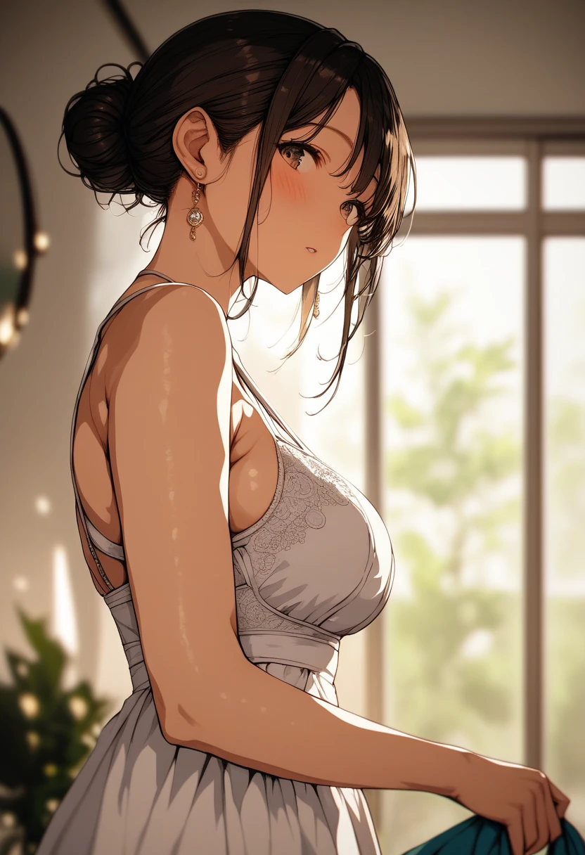 highest quality、masterpiece、Super detailed、Ultra high definition、1 female、solo、25 years old、(Soft bust:1.2)、(natural big breasts)、cleavage、Viewed diagonally from the front、sitting、(small plain white lace underwear:1.2)、small sexy underwear、(White highlights of the pupil:1.2)、dark red-brown eyes、Tree eyes、(ponytail:1.3)、(black haired:1.2)、(view audience:1.2)、white skin、textured skin、(blush)、closed mouth、Wooden bedroom、(Blur the background a lot to make the woman stand out:1.3)、(sunlight shines in)、(beautiful flower)
