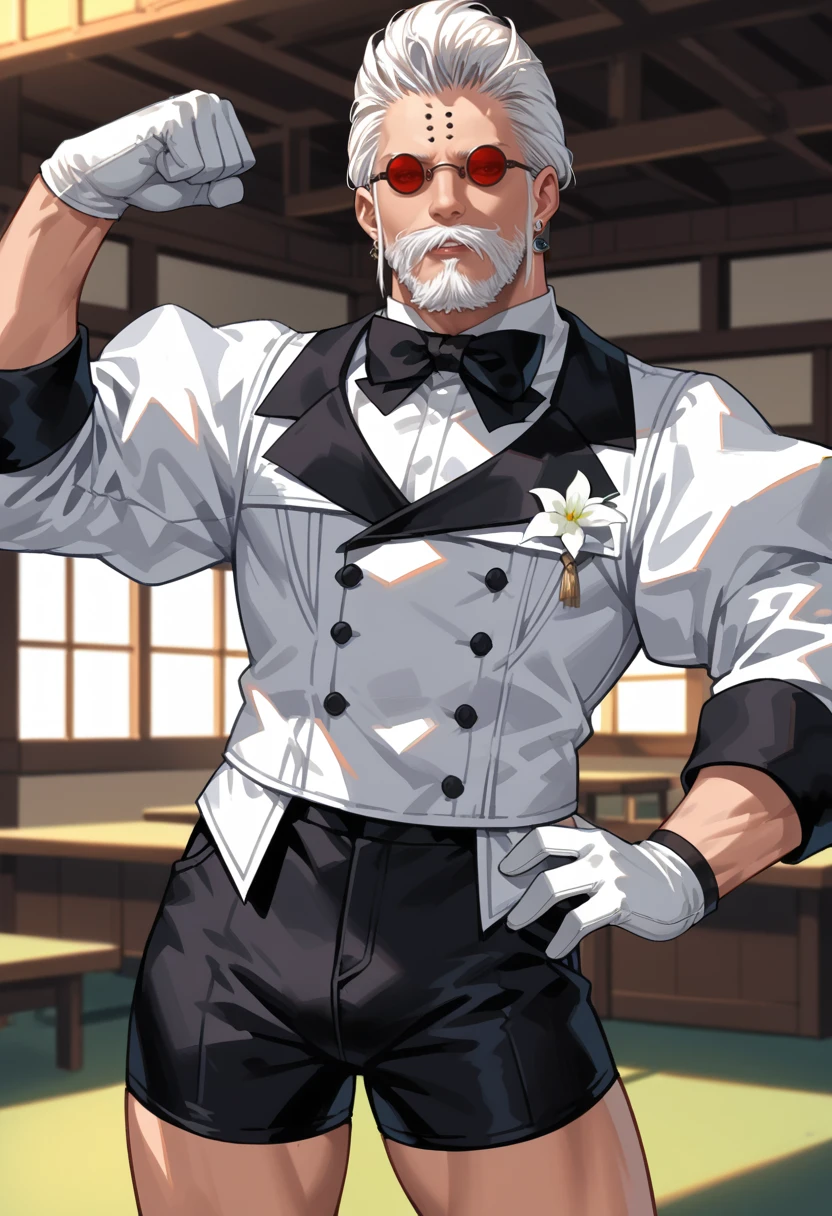 score_9, score_8_up,  score_7_up, source_anime,  mlgdbtdrs, beard, black shorts, black trim, boutonniere, white flower,  bowtie, male focus, moustache,  white gloves, white hair, white jacket, earrings, forehead markings, puffy sleeves  <lora:godbert-pdxl:1>,  red-tinted eyewear, flexing bicep, hand on one hip