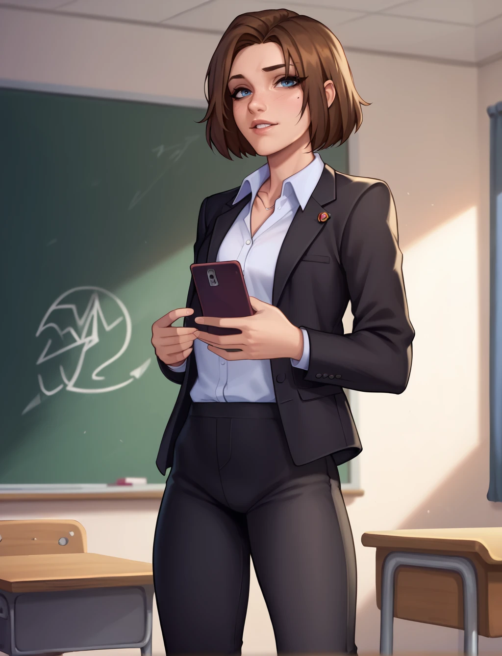 score_9, score_8_up, max_de, solo, 1girl, masterpiece, best quality, black suit jacket, black pants,classroom, blackboard, brown hair, <lora:MaxineDEv3:0.7>,  j.k, jk,  ((<lora:dimedrolly_v2:0.8> , <lora:J.K_Pony:0.5>))