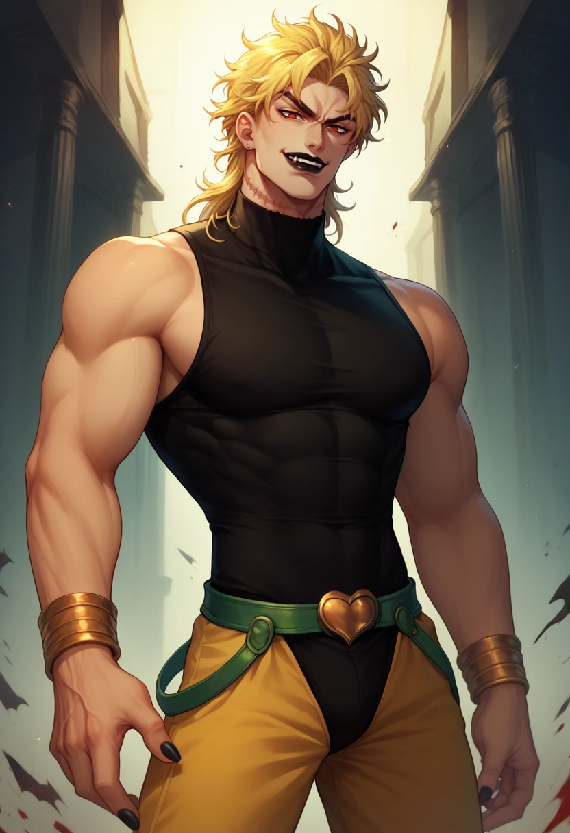 score_9, score_8_up, score_7_up, <lora:DioBrando_pdxl_Incrs_v1:1>, dioBrando, 1boy, blonde hair, male focus, red eyes, muscular male, fangs, sleeveless turtleneck leotard, lipstick, evil smile, vampire, bracelet, jewelry, yellow pants, stitches, scar on neck, black nails, black lips,