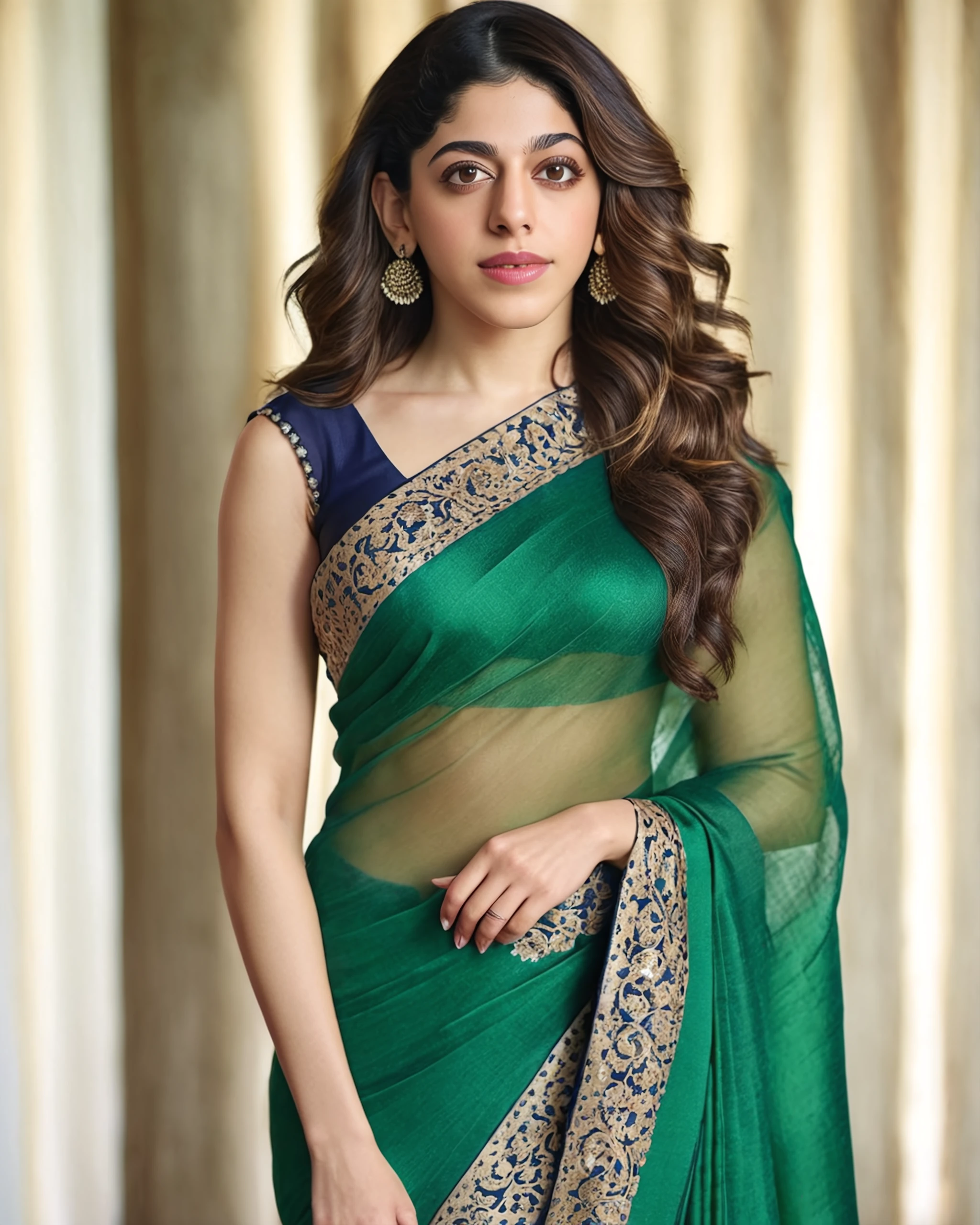 full body photo of Alaya F woman, solo, curls hair cut, serious look, looking at the camera, ethnic Jade saree and blouse, , contrasting background bokeh,  skindentation,  <lora:Alaya_F_SDXL_LoRA_prodigy_local_xformers_HNE:1>