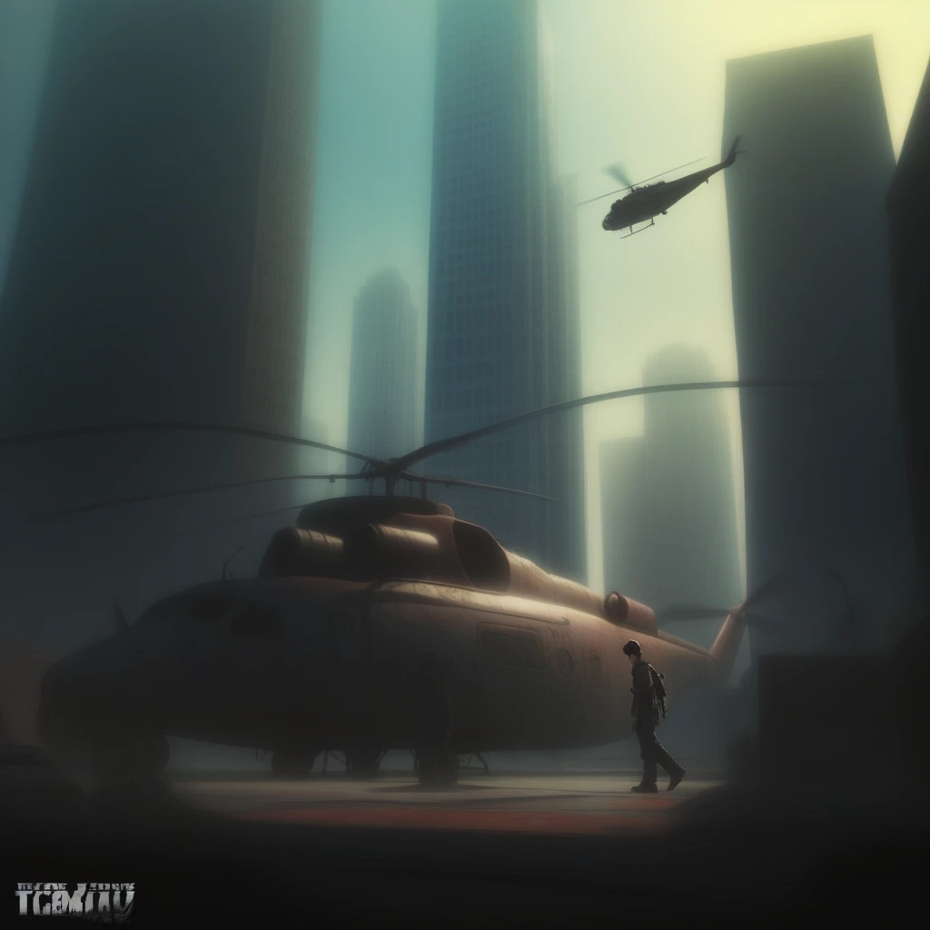 sky, lamppost, ground vehicle, weapon, skyscraper, scenery, 1girl, 1boy, helicopter, sign, day