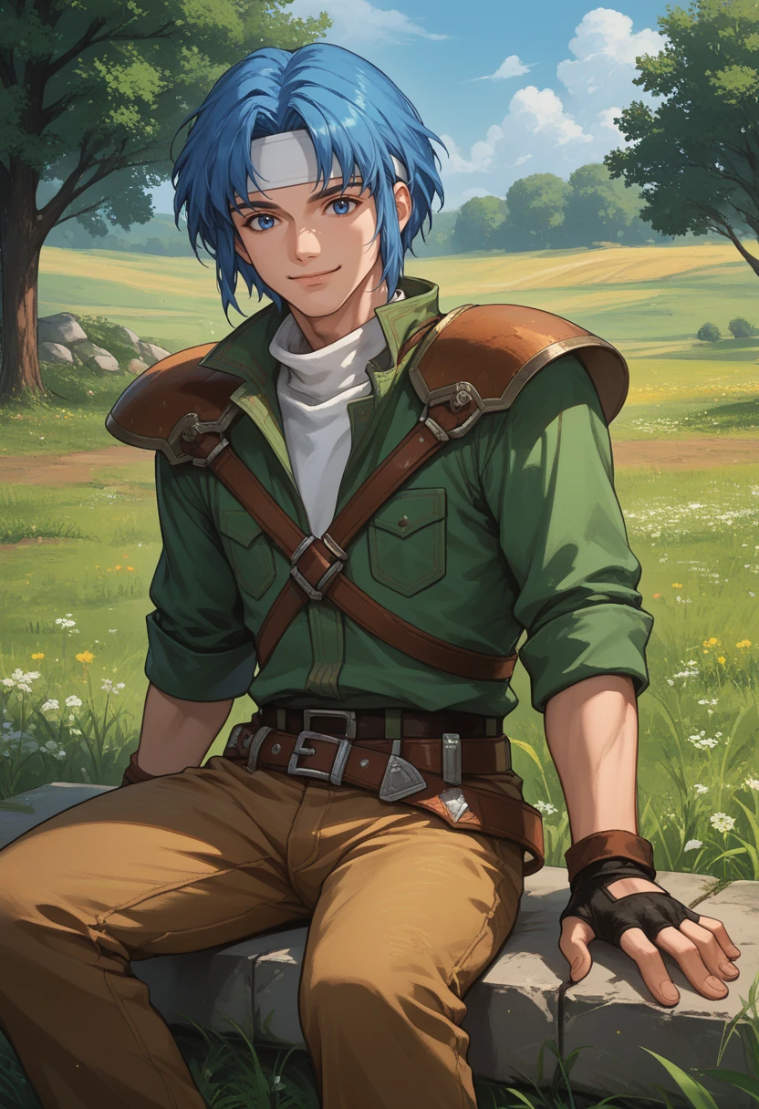 score_9, score_8_up, score_7_up, source_anime, BREAK, solo, 1boy, smile, looking at viewer, <lora:Ronan-pdxl_Fp:1>, ronanfe5, blue hair, blue eyes, short hair, headband, green collared shirt, turtleneck, armor, shoulder armor, fingerless gloves, brown pants, belt, outdoors, field, muscular, sitting, wall, tree