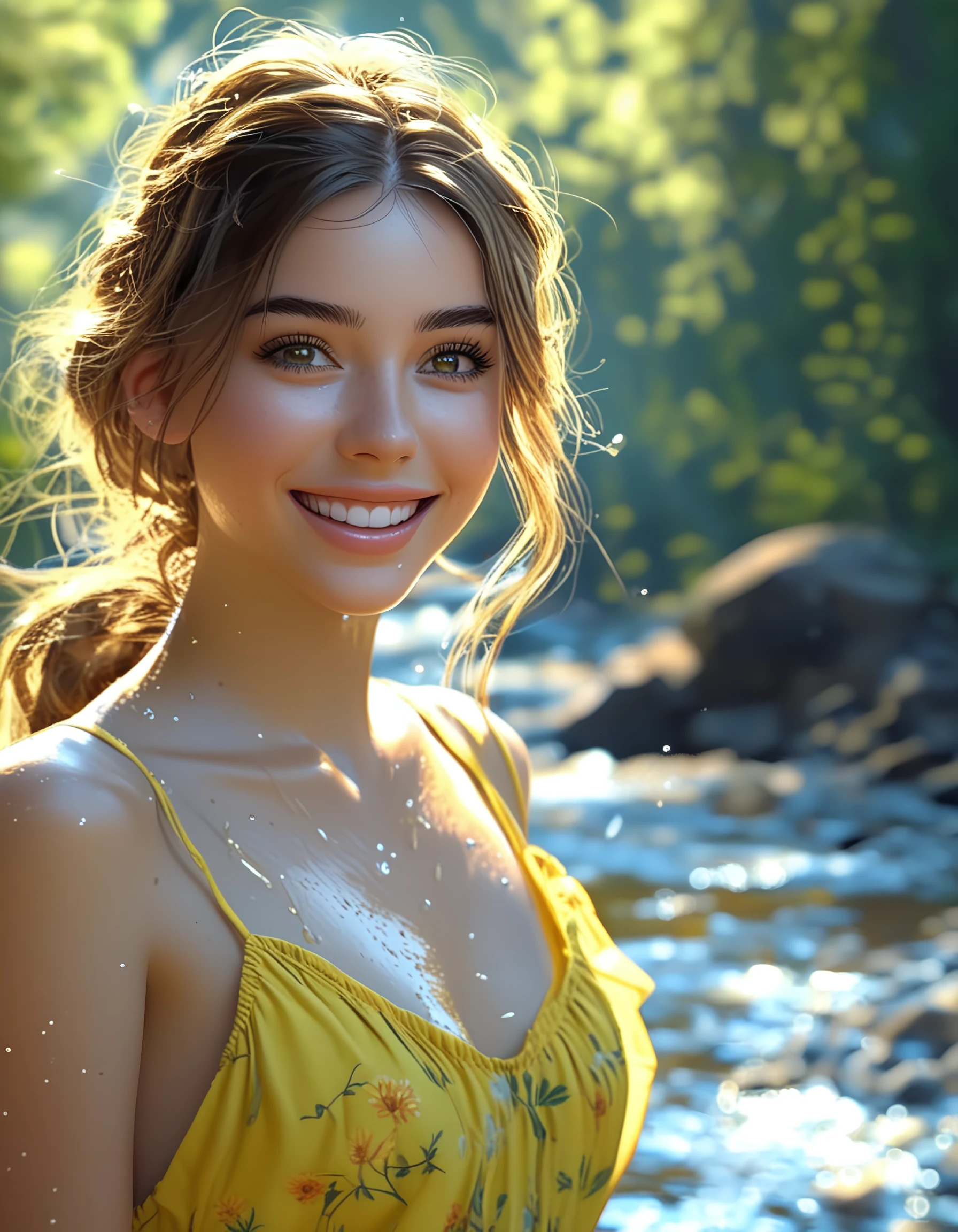 A pretty young woman with messy light brown hair and black eyes walks through a stream in a little yellow summer dress she has a big smile splashing water, realistic, hyper-realism, (best quality:1.2)









































































































































































































































































































































































