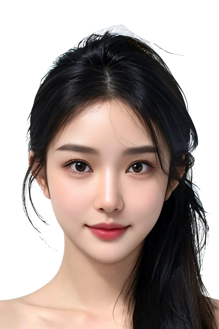(masterpiece, top quality, best quality, (close-up photograph: 2), ((1girl)), korean, fair skin, (extremely detailed face), ((looking at viewer)), ((((ultra-detailed eyes and pupils)))),((((ultra-detailed lips)))) cheekbone, plump cheeks, ((bare pectorals)), ((bare chest)), ((tube dress)), bare head, ((bare shoulders)), symmetrical frame, (((strapless))), ((closed lips)), (((smile))), ((symmetrical pose)), (symmetrical face: 1.6), 35mm, ((((minimal plain white background)))), ((no lighting)),no watermark, ((medium hair)), <lora:songyvxin:0.7>