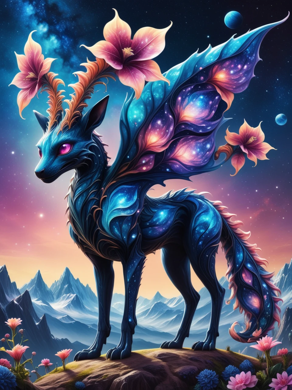 another world extraterrestrial landscape, surreal mountains, with giant alien flower animals female made of made of blue crystal fractals, venom flora, fantasy dream, starry sky with large planets, trending on ArtStation, hyperrealistic, watercolor painting, vibrant
