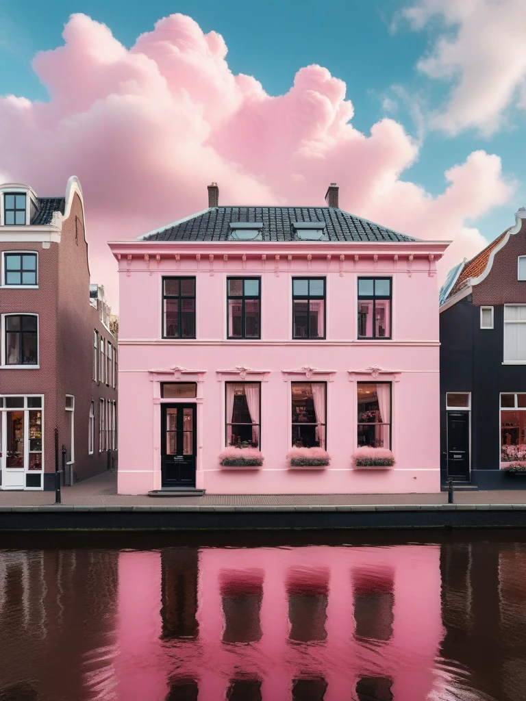 <lora:06NatureArt_Hap_XL:1>, Albert Bierstadt style, A pink shop in the shape of clouds with windows on one side and a fluffy pink cloud roof, pink interior, black door, large glass front window, in an Amsterdam canal street, fluffy pastel colored clouds around it, pink and white aesthetic, hyper realistic photography in the style of clouds.,