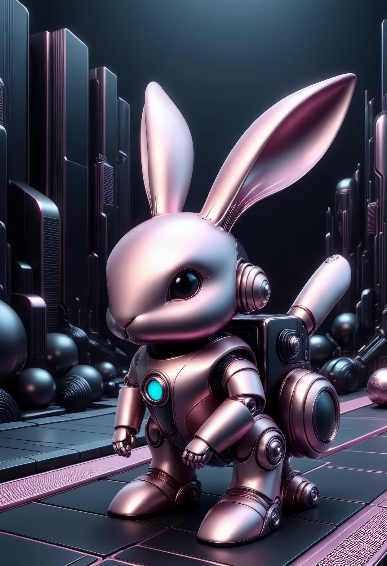 A dazzlingly futuristic chibi robot with rabbit-like features, blending elements of a holy knight and futuristic design. The robot is using the main colors black and neon, with mecha ears, boasting intricate robot wings. This vivid image portrays the robot in a cartoonish style, cool and detailed mecha background cyberpunk, made out of pink metal, <lora:PinkieMtllcSDXL-v1:1>, p1nkm3t4l,