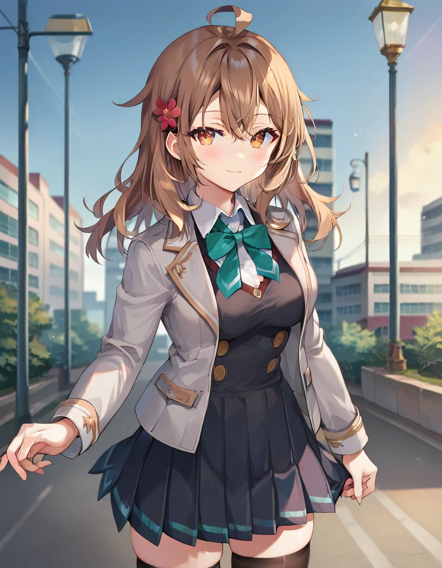 score_9,score_8_up,score_7_up,score_6_up BREAK official art,solo,outdoors,cowboy shot,looking at viewer,facing viewer,smile,Mariya Mikhailovna Kujou,ahoge,long hair,brown hair,hair ornament,hair flower,sidelocks,hair between eyes,parted bangs,brown eyes,school uniform,grey jacket,cropped jacket,open clothes,open jacket,wing collar,green bowtie,black dress,pleated dress,collared shirt,white shirt,medium breasts,skindentation,long sleeves,zettai ryouiki,black thighhighs,black footwear,loafers,<lora:Mariya Mikhailovna Kujou(tsrdta)-Pony:1.2>,<lora:Smooth Anime Style LoRA XL:0.8>,