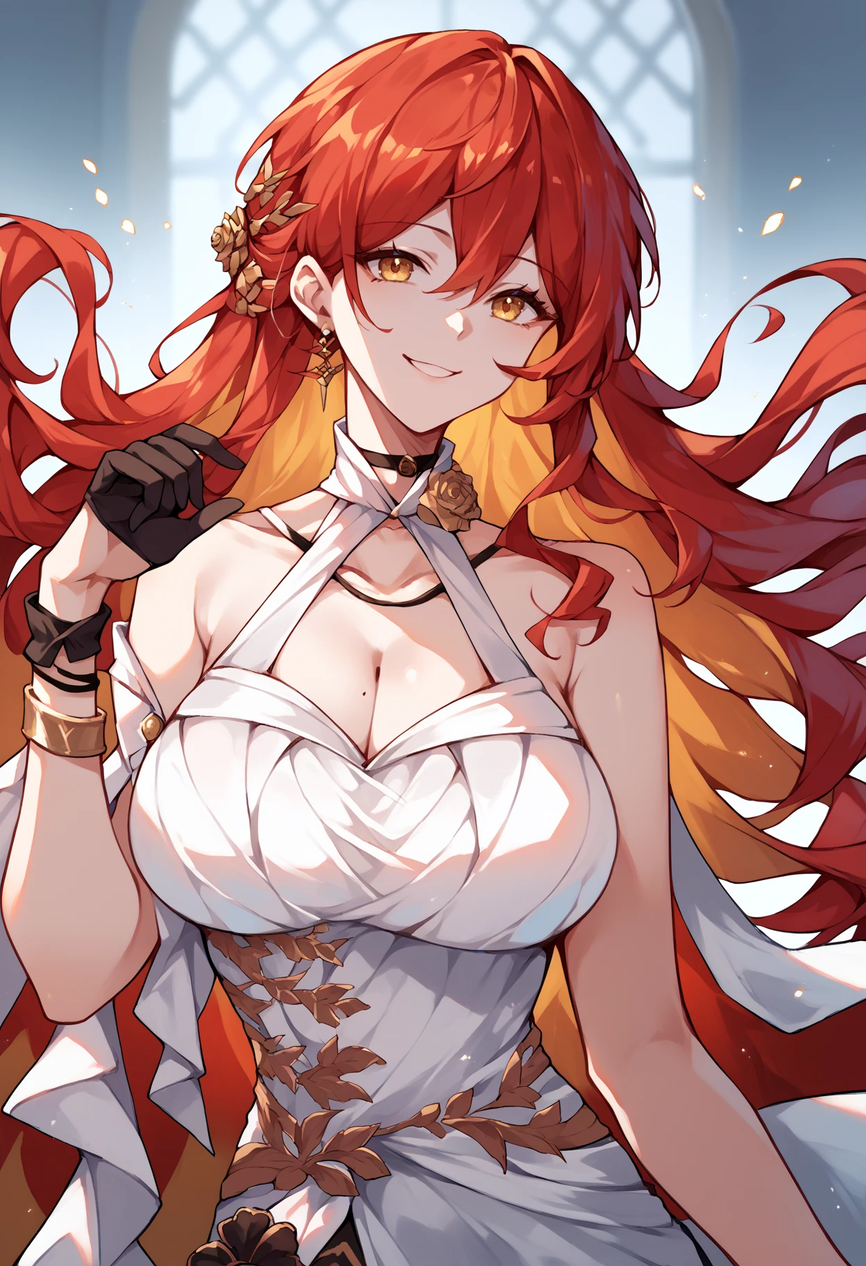 score_9, score_8_up, score_7_up, source_anime, 1girl, solo, mlHimepdxl, white dress, single glove, red trim, halterneck, hair ornament, gold trim, gold bracelet,  black gloves, bare shoulders, red hair, long hair, yellow eyes, smile, large breasts,  <lora:Himeko PDXL:1>