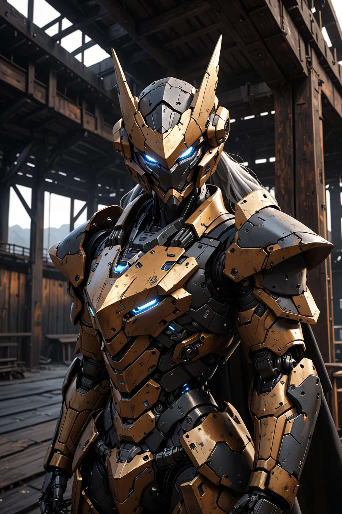 mecha, solo, futuristic armored warrior with matte and ((rusted)) golden and black plating, and a grey cape, in a dark setting, realistic, cinematic and dramatic lighting,   (glowing blue visor:0.1), middle shot,  rustic wooden structure, with beams and planks in the background <lora:Mecha_Ggorgeous_Armor-000011xl:0.3>