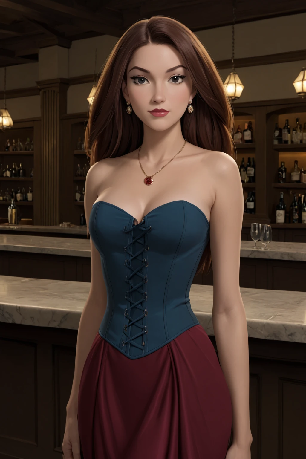 PonyXLV6_Scores BREAK (perfect anatomy, perfect eyes, absurd resolution, cowboy shot) <lora:add-detail-xl:1> BREAK <lora:Shadowcat_r1:0.8> kitty pryde, brown hair, long hair, black eyes, lipstick, flirting, raised eyebrow, ((looking at viewer)), jewelry, earrings, necklace, corset, evening dress, toned, athletic, curvy, sexually suggestive pose, standing at luxurious bar, indoors