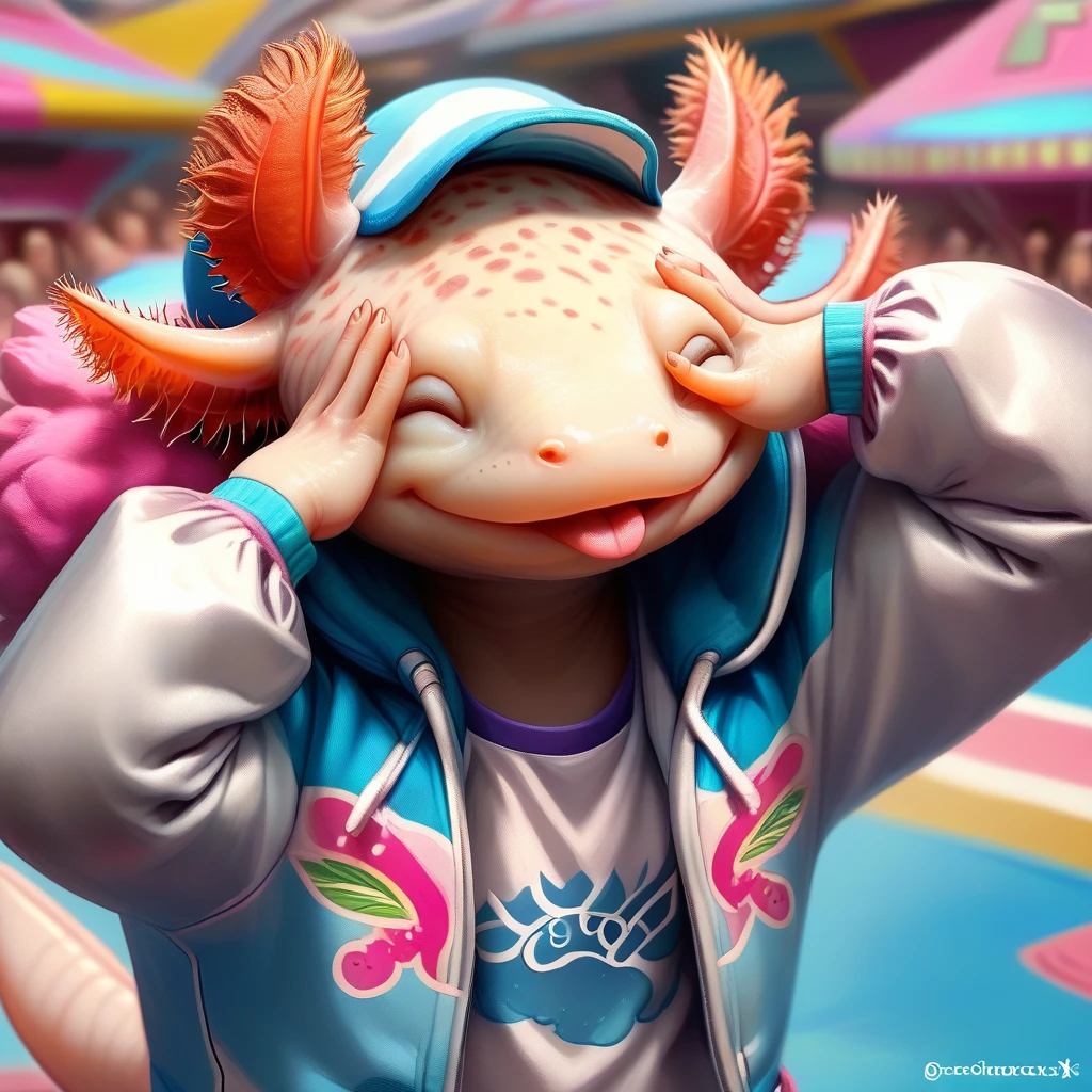 axomodelxl, axolotl, AhEtoBlehMeme, closed eyes, tongue out, :p, hands on own head, smile , cute, embedding:zPDXL2, <lora:Axomodel_PDXL.safetensors:1:1> <lora:AhEtoBlehMeme_pdxl_Incrs_v1.safetensors:1:1>