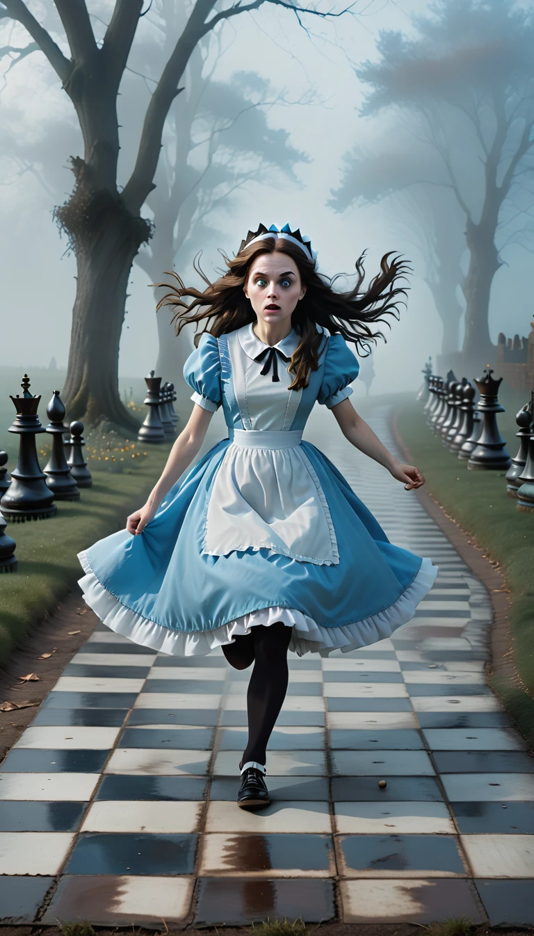 Alice in Wonderland running with very long dark brown hair in the wind and a blue maid dress with short sleeves and black tights in the dreamy fog with a tiled floor chess board landscape in front of her  <lora:Everly_Heights_TaleSpinner_Pony_XL:1>