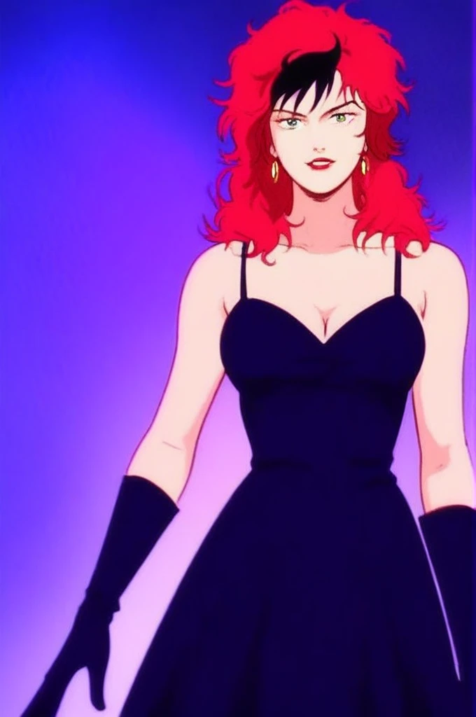 buddr00t, score_8_up, score_7_up, source_manga, rating_safe, <lora:BuddR00tXLP:0.6>, girl, vw4rfi3ld, red hair with black streak, messy hair, green eyes, earrings, black dress, black gloves, at a concert <lora:Vanessa_Warfield_-_MASK_1985_-_Pony:0.8>