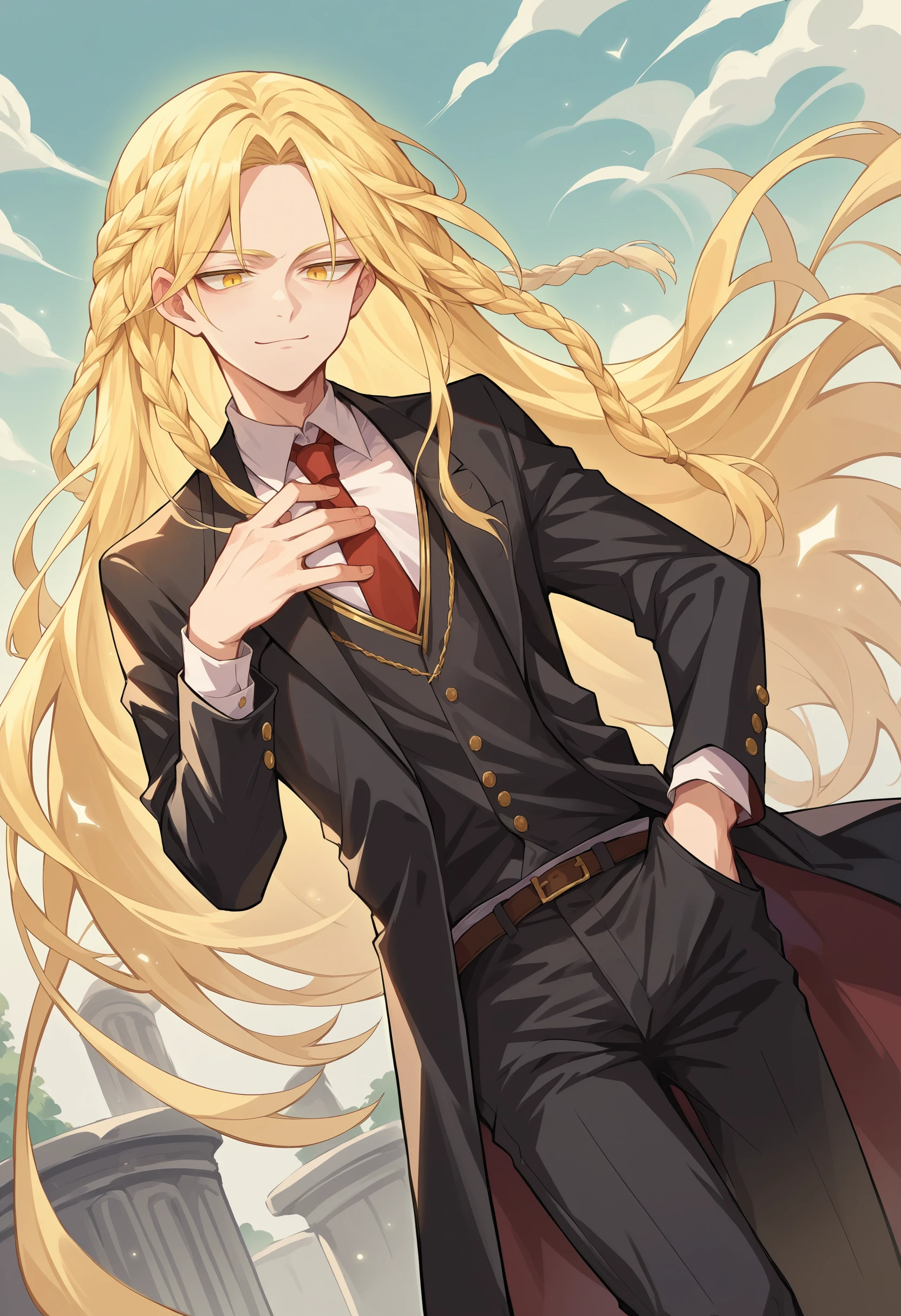 score_9, score_8_up, score_7_up, source_anime, <lora:wrenchEldenRingSoteMiquella:1>, ersotemiquella, blonde hair, 1boy, braid, long hair, yellow eyes, 
butler, black suit, light smile, hand on chest, pants, necktie,