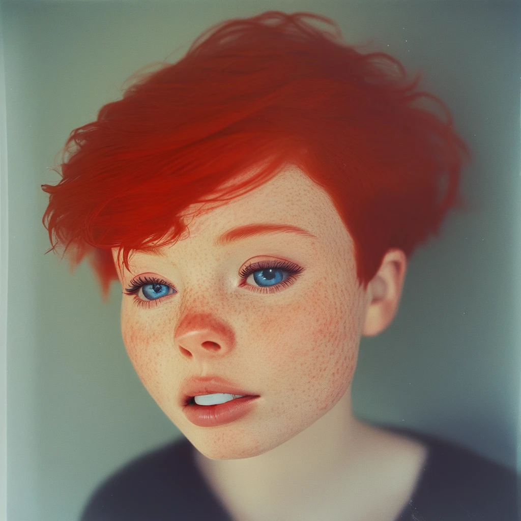 1girl solo freckles short hair red hair blue eyes parted lips teeth portrait