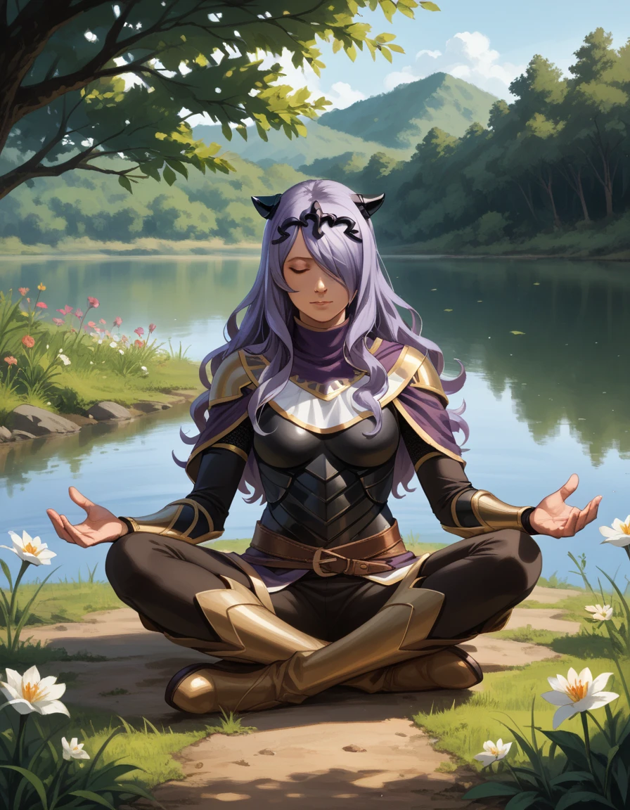 score_9, score_8_up, score_7_up, score_6_up, score_5_up, score_4_up, robot, 1boy, camilla_\(fire_emblem\), hud_m3dit4tion, indian style, sitting, on floor, pants, facing viewer, boots, closed eyes, <lora:med:0.8>, outdoors, lake, day, flower