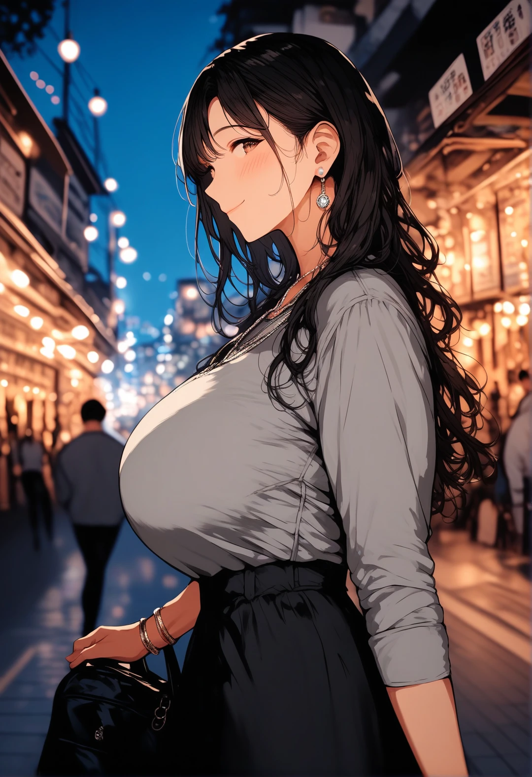 (best quality, Masterpiece), 1 girl, The sun shines, In the building, black hair, Beautiful long hair, braid, pink eyes, cute, Bright face, Good mood, big breasts, Fashionable clothes for a beautiful date, shy, Very blushing., 1 woman, young girl, (Goosebumps:0.7), Beautiful face, (shyไลเนอร์, lipstick:0.9), nighttime, street lights, fall, 4K, 8K, UHD, HDR, detailed background, background