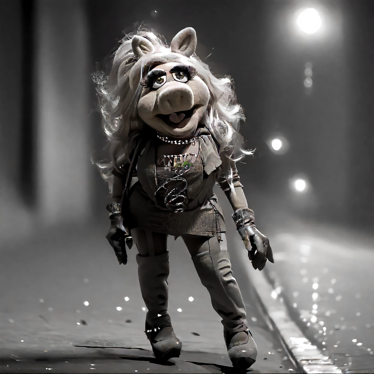 street hooker at night  prostitute prostitution <lora:hooker_pony_v1:1.2>   <lora:Miss_Piggy_Pony:1> uncensored, gloves, miss piggy, score_9, score_8_up, rating_questionable,questionable