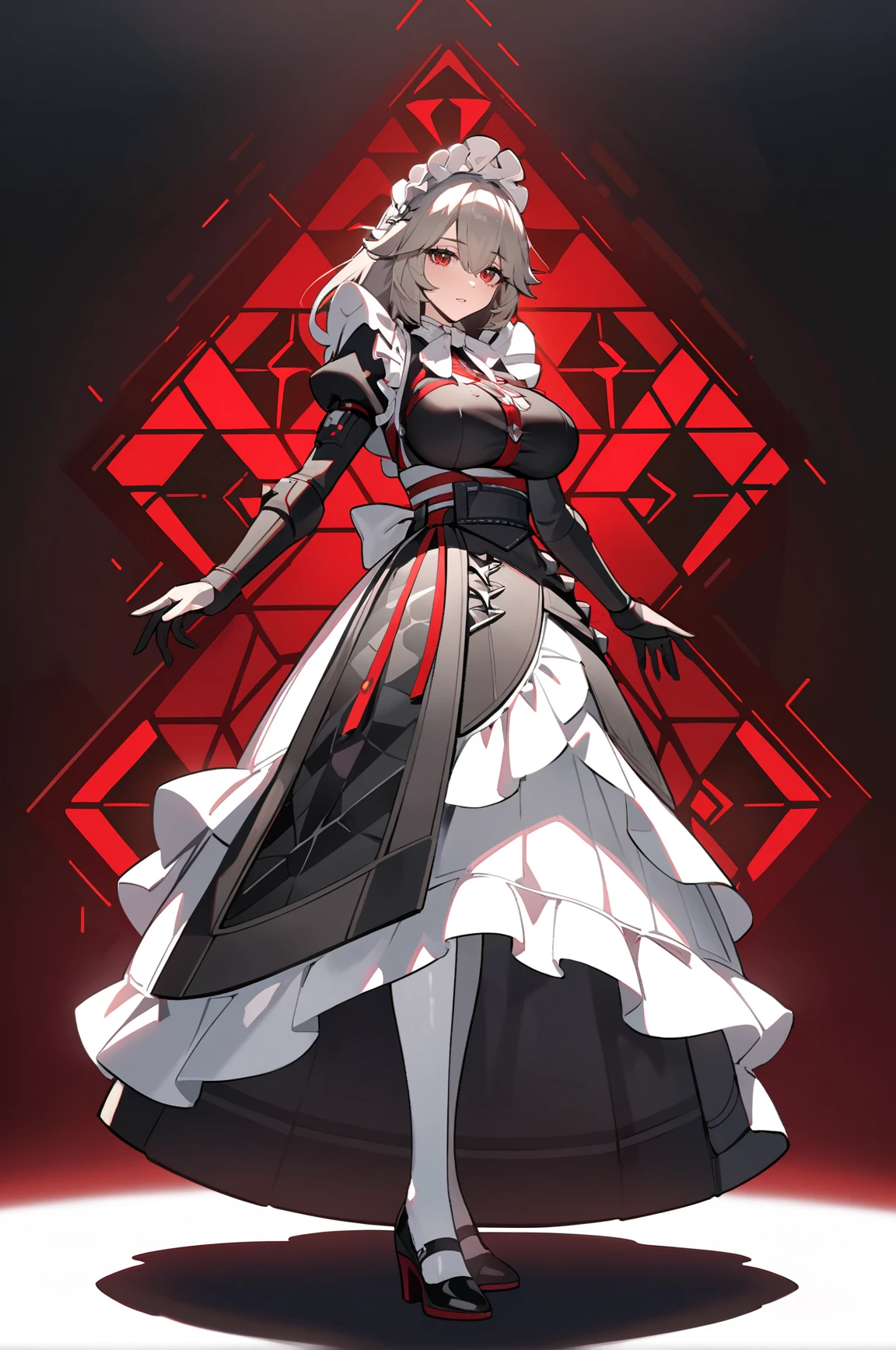 1girl, full body, best quality, high detail, 
<lora:rina-A3-Tanger-000014:0.7>, rina, rina's def clothes, long dress, 1girl, red eyes, maid, grey hair, maid headdress, straight large breasts, apron, 
Confident, stunning figure, head high, eyes sparkling, magnetic presence, commanding attention, self-assured, charismatic, captivating.
dynamic pose, extreme aesthetics, art photography, film lens, film light and shadow, 
simple_black_background, black and white theme, Sense of coordination, sense of order, mathematics beauty, (cover design), (cover art), ((trim)), album_art, official art, (Master's work), 
chessboard, chess, white geometry, black geometry, reflection, crystal_art, pattern_design, creative, Mystery pattern, black crystal decorate, black crystal, (architectural art), ((geometric art)), pattern design, creative, 
------, 
Low saturation, grand masterpiece, Perfect composition, film light, light art,