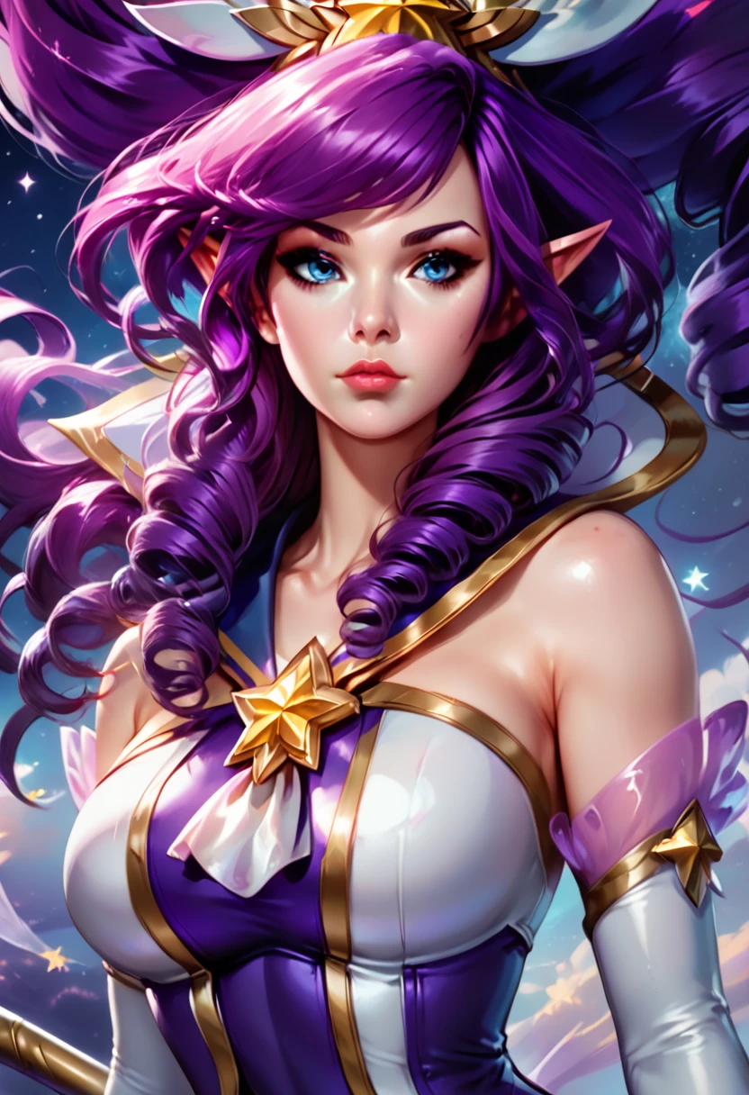 score_9, (upper body:1.8), drill hair, looking at viewer, night, floating hair, thighhighs, pointy ears, sgjanna, lips, blue eyes, bare shoulders, alternate hair color, star guardian \(league of legends\), elbow gloves, star \(symbol\), sailor collar, very long hair, boots, swept bangs, purple skirt, large breasts, breasts, front view, holding staff, ponytail, big ponytail, sky, portrait, bangs, long hair, perfect <lora:Star_Guardian_Janna_PonyXL:0.8>