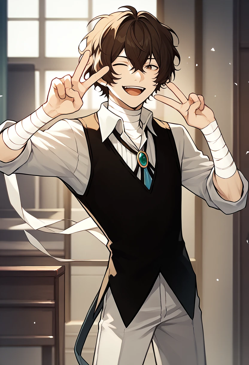 score_9, score_8_up, score_7_up, source_anime, solo, male focus, 1boy, dazai osamu, happy, open mouth, looking at viewer, standing, peace sign, one eye closed, black vest, white shirt, collared shirt, bolo tie, sleeves rolled up, white pants, bandages, bandaged neck, bandaged arm, indoors <lora:bsd_osamudazai_ponyXL:1>