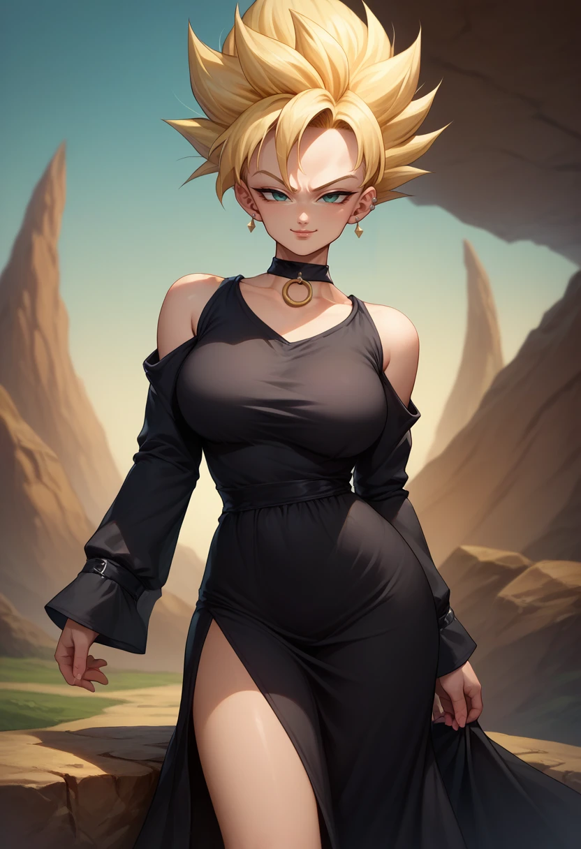 score_9, score_8_up, score_7_up, 1girl, spiked hair, super saiyan, <lora:SuperSaiyanHair_pdxl_Incrs_v1:1>, blonde hair, shiny, <lora:Hoseki_BocchiTheRock_Pasan_PDXL_v2:0.8> pasan, large breasts, ear piercing, chin piercing, hime cut, choker, black dress, long dress, shoulder cutout, sleeves past fingers, cowboy shot, seductive smile, looking at viewer,