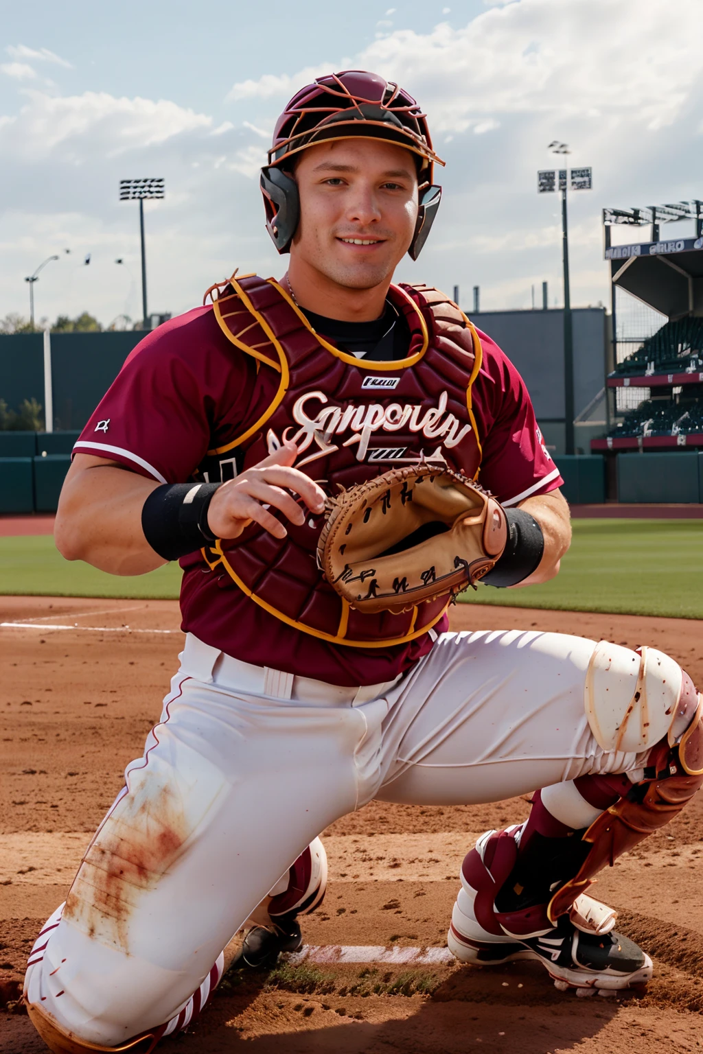 outdoors, baseball field, at home plate, slight smile, baseball player bsbsqt kneeling down, JeremiahCruze is a baseballplayer, wearing (baseball catcher gear), (catcher chest protector), maroon baseball uniform, maroon jersey, (white pants), (maroon socks), catcher helmet, catcher's mitt, (((full body portrait))), wide angle <lora:Clothing - Sexy Baseball Player:0.5> <lora:bsbsqt_lora:0.75> <lora:JeremiahCruze:0.8>