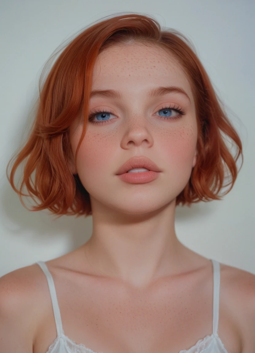 photo portrait,1girl solo [freckles],short hair,red hair,blue eyes,parted lips,portrait,<lora:Karine_Doe:1>,pale skin,portra 400,detailed feminine face,georgia anne muldrow,ethereal!!! ultra realistic,rosy cheeks,short redhead,4 k scan,<lora:TeethXL:1>,