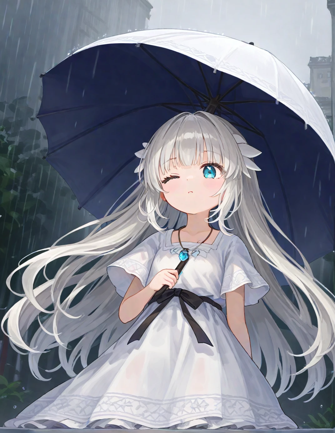 score_9, li1y (elqk), 1girl, blue eyes, very long hair, white hair, hair ornament, collarbone, necklace, jewelry, pendant, white dress, dress, black ribbon, holding umbrella, arm at side, outdoors, drop shadow, emphasis lines, film grain, foreshortening, one eye closed, eyes, umbrella, rain, standing, from below, source_anime, rating_safe