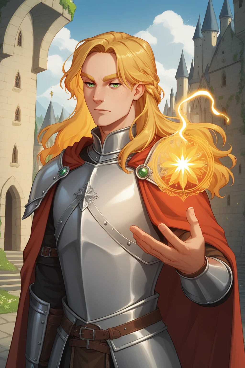 score_9, score_8_up, BREAK, solo, 1boy, male focus, <lora:NSGustPortia:1> NSGustPortia, long hair, blonde hair, green eyes, freckles, white armor, cape, medieval, castle, magic, golden glow, glowing hair