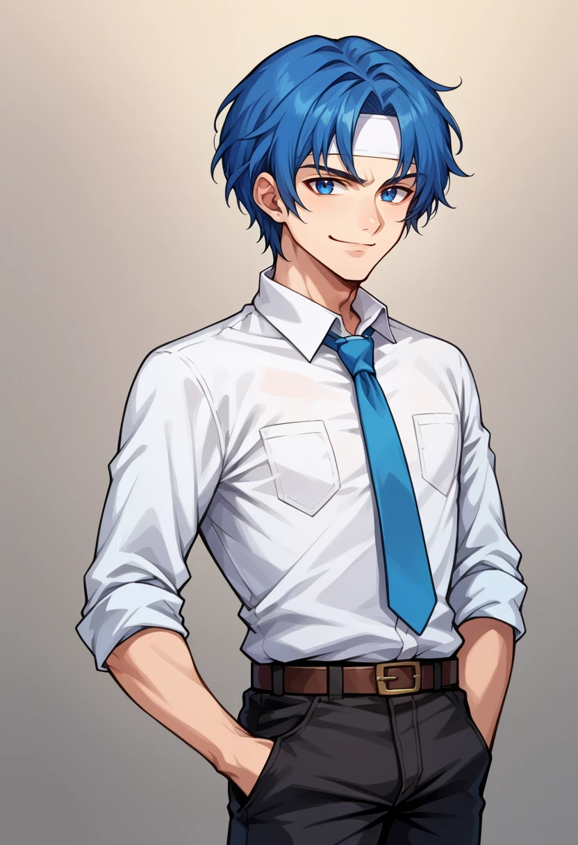 score_9, score_8_up, score_7_up, source_anime, BREAK, solo, 1boy, smirk, looking at viewer, <lora:Ronan-pdxl_Fp:1>,  ronanfe5, blue hair, blue eyes, short hair, headband, suit, necktie, black pants,