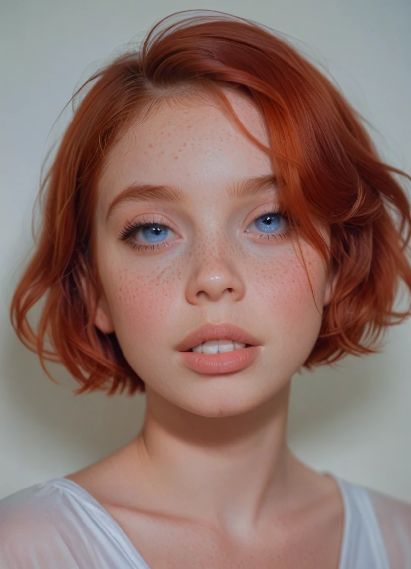 photo portrait,1girl solo [freckles],short hair,red hair,blue eyes,parted lips,teeth,portrait,<lora:Karine_Doe:1>, pale skin, portra 400, detailed feminine face, georgia anne muldrow, ethereal!!! ultra realistic, rosy cheeks, short redhead, 4 k scan