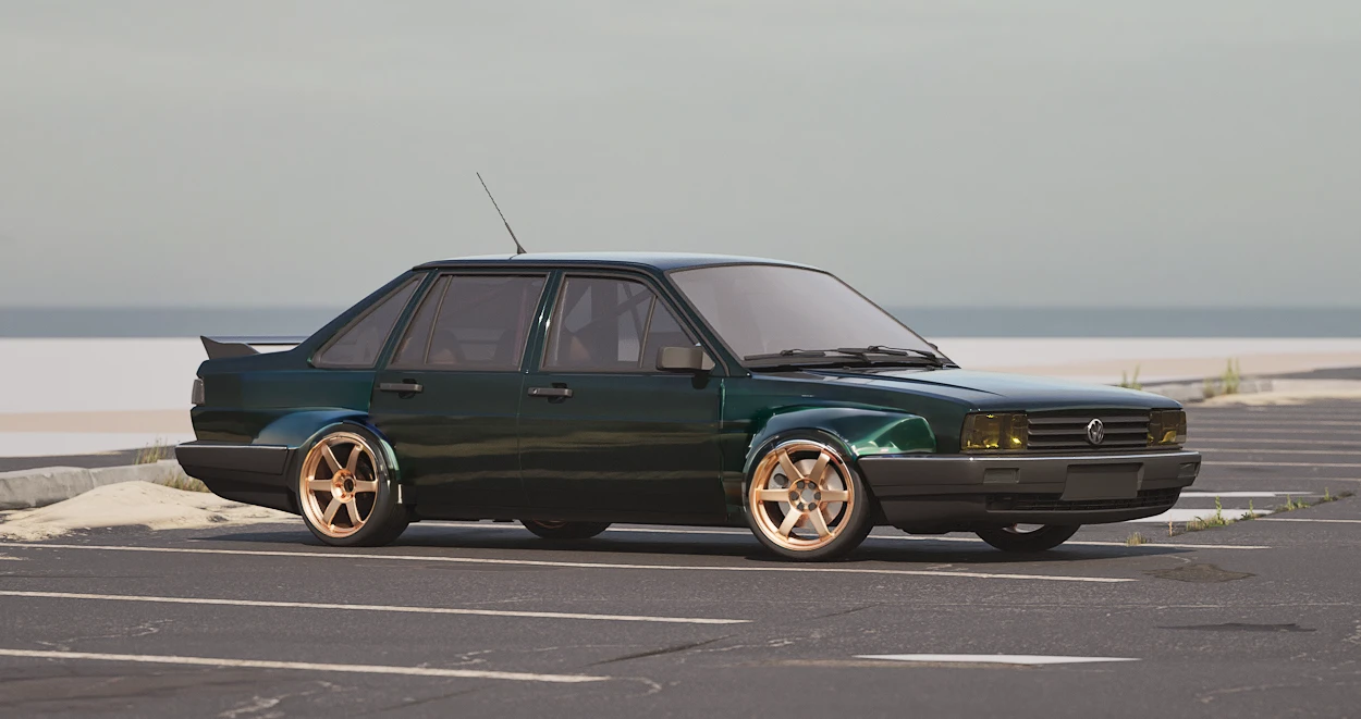 Volkswagen Santana 1984, VW Santana, widebody, sedan, robertdesign, rob3rtdesign, squared body, (square headlights:1.8), widebody kit, carbon fiber, extended fenders, wide fender, bodykit, square body lines, dark green paint, shiny, strong, crisp, sharp focus, intricate, very beautiful
