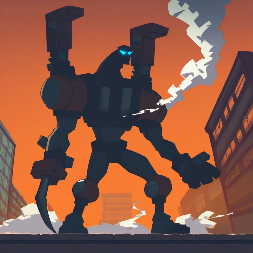 Score_9, score_8_up, score_7_up, score_6_up, score_5_up, score_4_up, solo, EVO_Form, Giant Robot, Blue Eyes, Sword Arm, Shoulder Cannons, Orange Paint, Black Paint, Grey Paint, standing, Orange sky, beautiful shading, buildings, sunset, full body, smoke, shadowed silhouette