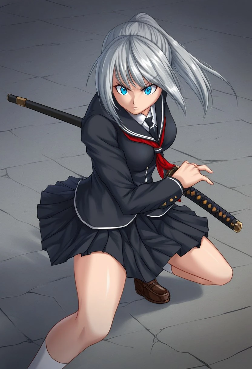 1girl,medium breasts, school uniform,
weapon, holding sword, battoujutsu, battoujutsu stance, ready to draw, sheathed, unsheathing, scabbard, fighting stance, 
from above, fisheye lens, looking down, water eye, workplace, closed mouth,
masterpiece, best quality, very aesthetic, absurdres