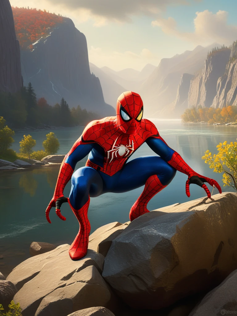 <lora:06NatureArt_Hap_XL:1>, Albert Bierstadt style, Spider-Man stands on a rock and carries his school bag Cartoon