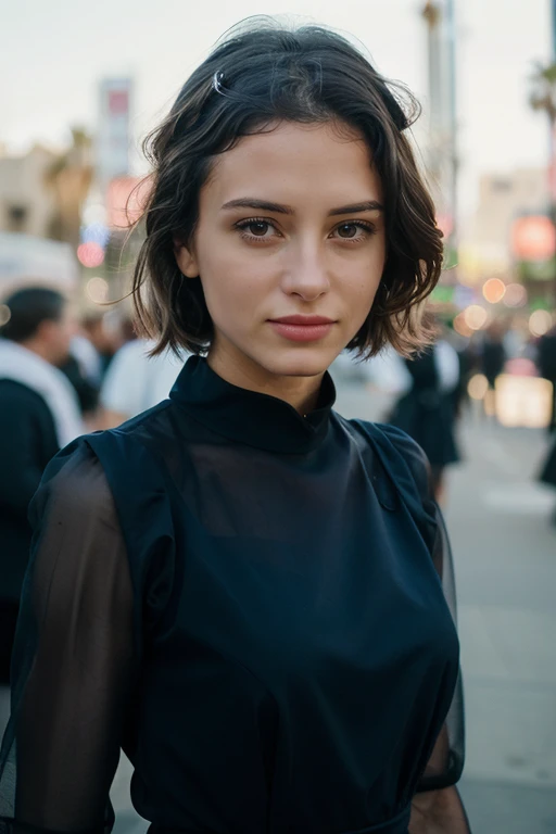 a breathtaking analog fashion photo:1.3 of  <lora:MilaKyna:1>, styled hair, 4k, RAW photo, best quality, 35mm, depth of field, ultra high res:1.1),(intricate, photorealistic, cinematic-shot, masterpiece, ultra-detailed:1.1), hollywood boulevard, california, wearing  a elegant and classy sheet dress , close-up headshot