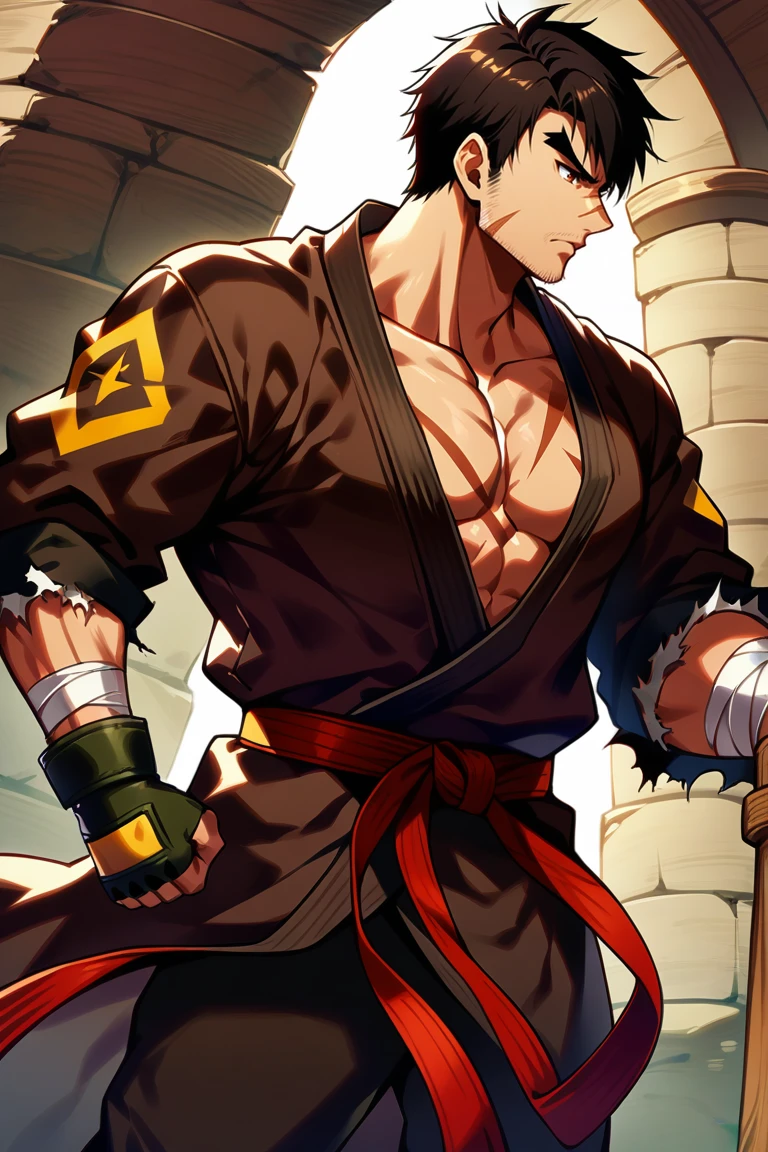 score_9, score_8_up, score_7_up, score_6_up, source_game \(Dungeon Fighter Online\), perfect anatomy, perfect proportions, best quality, masterpiece, high-resolution, high quality, aesthetic, absurdres, (male focus), solo male, BERGrappler, male Grappler \(Dungeon Fighter Online\), black hair, short hair, brown eyes, thick eyebrows, forked eyebrows, stubble, scars on face, scar on nose, scar on cheek, scar on chest, pectoral cleavage, black dougi \(martial arts clothes\), black clothing, black pants, torn clothes, red martial arts belt, yellow/black fingerless gloves, two-tone fingerless gloves, barefoot, white wrist bandage, white foot bandage, adult, mature, masculine, manly, handsome, charming, alluring, standing, upper body, dutch angle, cowboy shot, toned male, serious, fighting stance<lora:EMS-442684-EMS:0.800000>