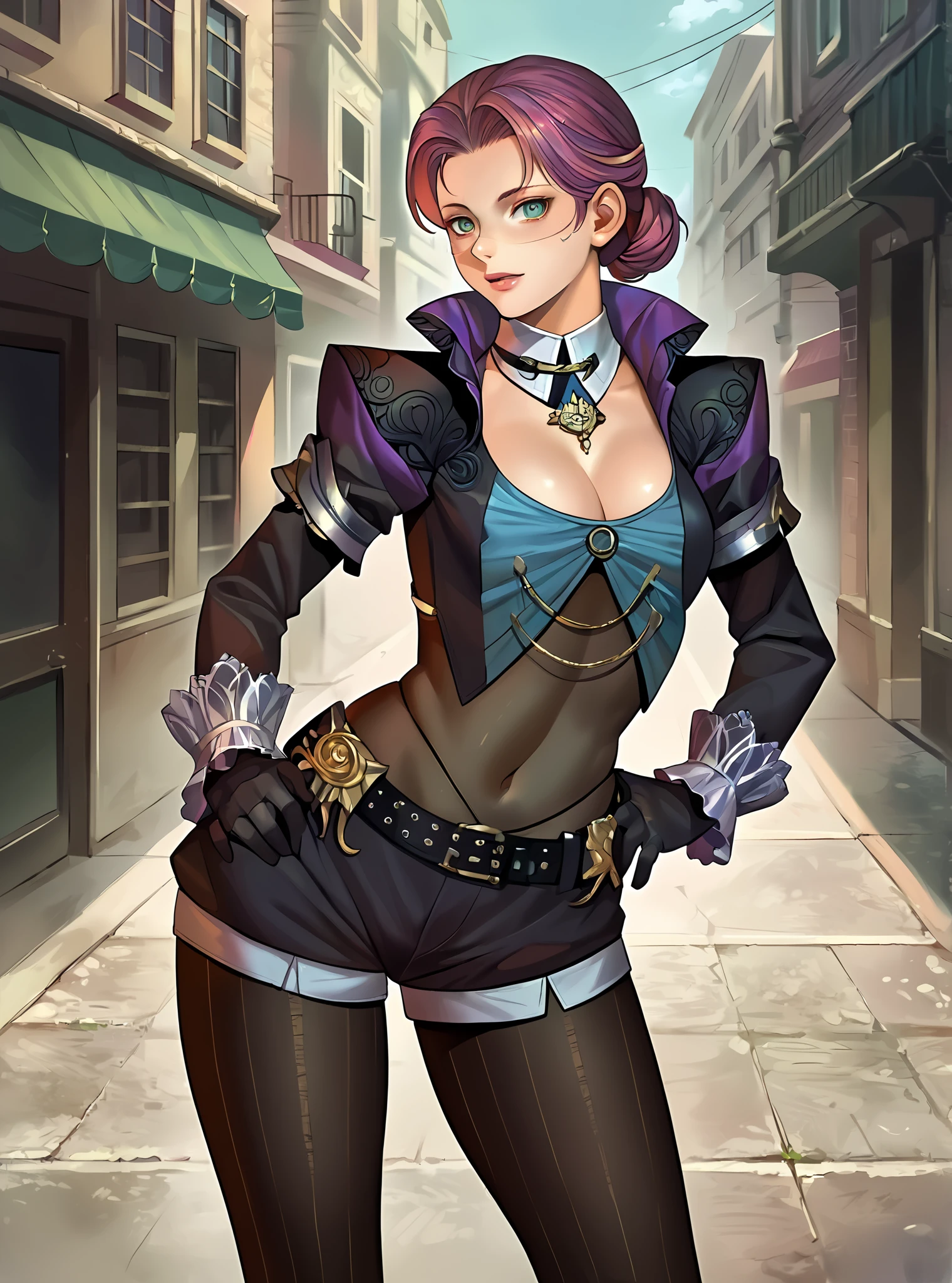 (masterpiece, best quality:1.4), illustration, 8k, hd, 1girl, solo, moxxibl2, eyeshadow, makeup, heart tattoo, hair over one eye, lipstick, cleavage, top hat, choker, fingerless gloves, fingerless gloves, fishnets, thighhighs, belt, striped, asymmetrical legwear, underwear, purple dress,
