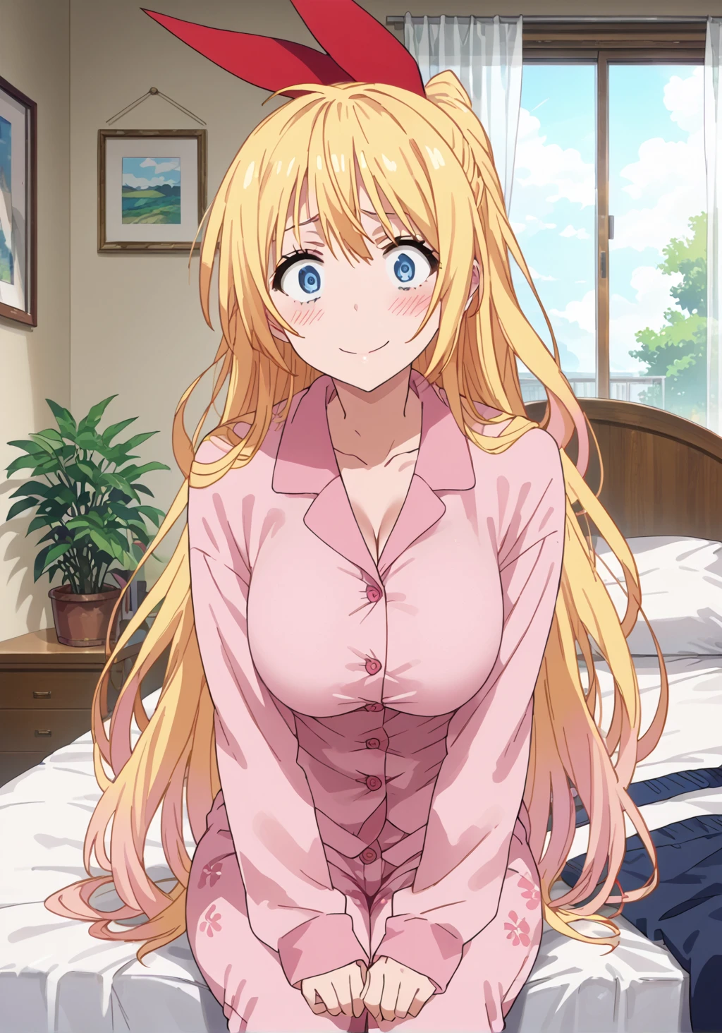 score_9, score_8_up, score_7_up,source_anime, 
solo, large breasts, looking at viewer, 
standing, indoors, bedroom, sitting, on bed, messy hair, embarrassed, smile, 
<lora:chitoge-pony:1>, chitoge, half up half down, hair ribbon, long hair, anime screencap, anime coloring, pink pajamas,