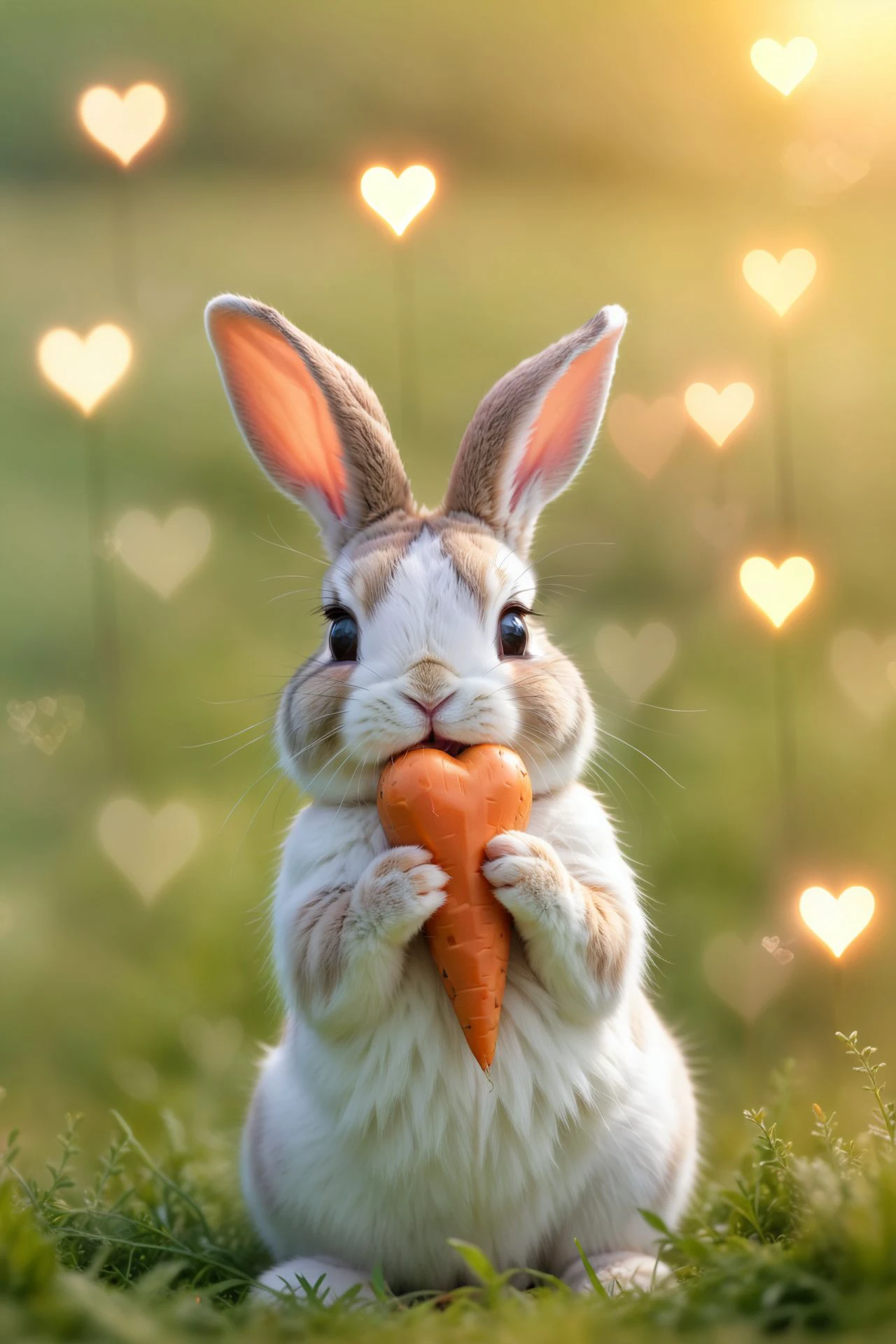 Cute bunny, munching on a carrot, blurred meadow background with soft bokeh lights, serene mood super cute wallpaper, anime, comic, 
 <lora:aidmaBokehmachine-V0.1:0.725>   ,  bokehmachine, blurry background, heart bokeh