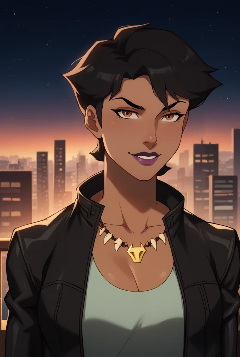 <lora:vixen v2 xl_epoch_10:1> vx_casual, black hair, brown eyes, short hair, dark-skinned female, lipstick, purple lips, large breasts, (black jacket, necklace, open jacket, cropped jacket, open clothes, grey shirt, leather jacket, pendant), (upper body, looking at the viewer, seductive smile),(city, night sky, night, sunset, starry sky), score_9, score_8_up, score_7_up, score_6_up, 16k, masterpiece, absurdes, highly detailed, highres, high quality, best quality