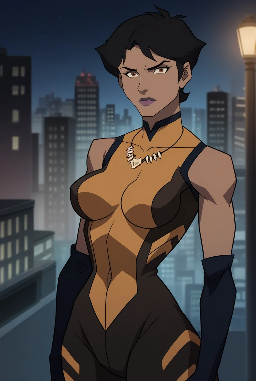 <lora:vixen v2 xl_epoch_10:1>  black hair, brown eyes, short hair, dark-skinned female, lipstick, purple lips, large breasts, (vx_hero, tooth necklace, turtleneck, elbow gloves, yellow bodysuit, bare shoulders, skin tight, superhero, sleeveless, impossible clothes, leotard, unitard), (serious, looking at viewer, standing), (city, night, street),, score_9, score_8_up, score_7_up, score_6_up, 16k, masterpiece, absurdes, highly detailed, highres, high quality, best quality