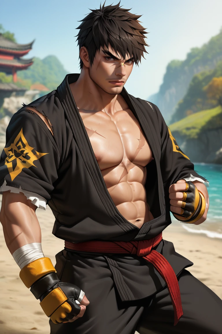 score_9, score_8_up, score_7_up, score_6_up, source_game \(Dungeon Fighter Online\), perfect anatomy, perfect proportions, best quality, masterpiece, high-resolution, high quality, aesthetic, absurdres, (male focus), solo male, BERGrappler, male Grappler \(Dungeon Fighter Online\), black hair, short hair, brown eyes, thick eyebrows, forked eyebrows, stubble, scars on face, scar on nose, scar on cheek, scar on chest, pectoral cleavage, black dougi \(martial arts clothes\), black clothing, black pants, torn clothes, open clothes, open dougi, pecs, abs, bare abdomen, red martial arts belt, yellow/black fingerless gloves, two-tone fingerless gloves, barefoot, white wrist bandage, white foot bandage, adult, mature, masculine, manly, handsome, charming, alluring, standing, upper body, dutch angle, cowboy shot, toned male, serious, fighting stance, outdoor, photo background<lora:EMS-442684-EMS:0.800000>